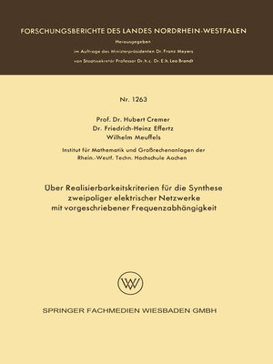 cover image of Über Realisierbarkeitskriterien für die Synthese zweipoliger elektrischer Netzwerke mit vorgeschriebener Frequenzabhängigkeit